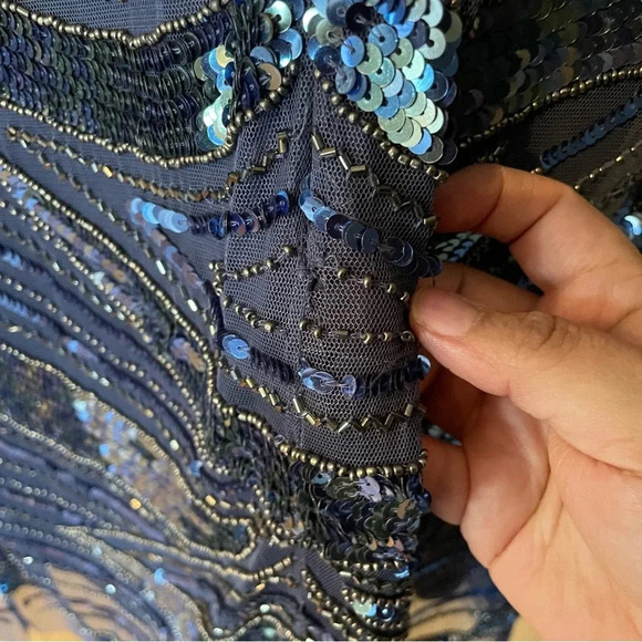 Vintage 90s Patra Sequin Blue Dress V-Neck Sheath Formal Cocktail Size 16 - Picture 4 of 9